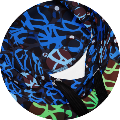 un4rt - the images shows details of a hoodie with circles in various sizes and various colors. the colors range from green to blue. a wild tangle of lines overlays the circles.