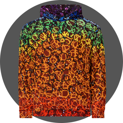 un4rt - the images shows the front of a hoodie with circles in various sizes and various colors. the colors range from red at the bottom up to orange, yellow, green, blue and purple at the top. a wild tangle of lines overlays the circles.