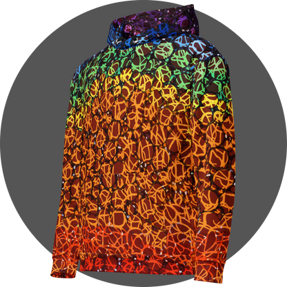 un4rt - the images shows the left front of a hoodie with circles in various sizes and various colors. the colors range from red at the bottom up to orange, yellow, green, blue and purple at the top. a wild tangle of lines overlays the circles.