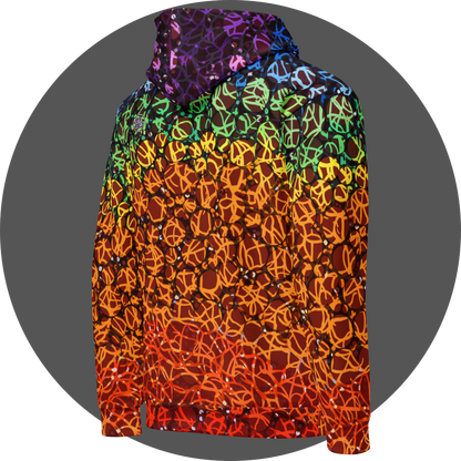 un4rt - the images shows the right back of a hoodie with circles in various sizes and various colors. the colors range from red at the bottom up to orange, yellow, green, blue and purple at the top. a wild tangle of lines overlays the circles.