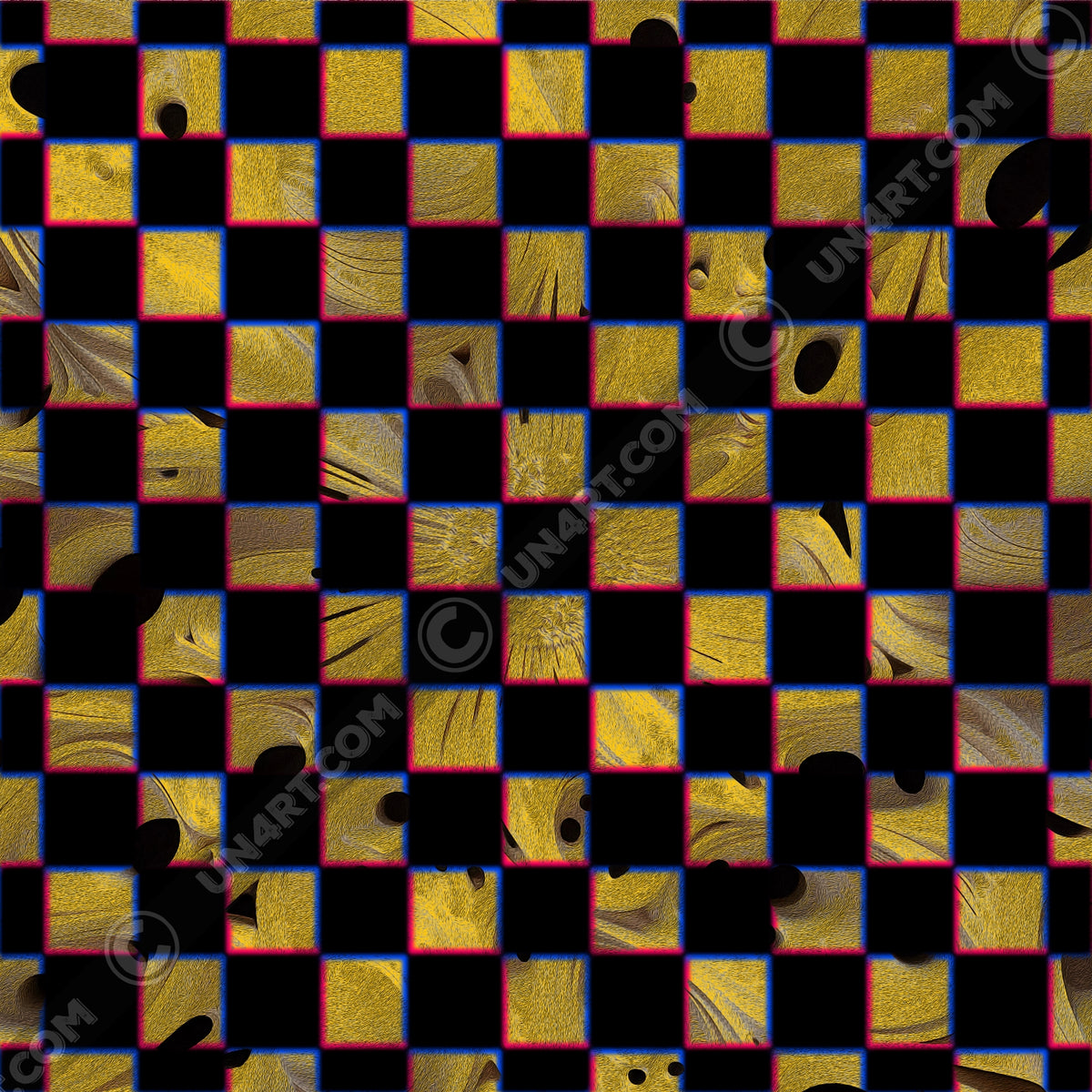 UN4RT cheesy chess original artwork full pattern – seamless checkerboard composition of alternating black and textured golden yellow squares with fine concentric line texture, organic black cheese-hole forms melting across square boundaries, chromatic aberration edges in pink and blue, un4rt.com copyright watermark, copyright-protected original design.
