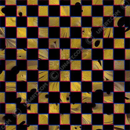 UN4RT cheesy chess original artwork full pattern – seamless checkerboard composition of alternating black and textured golden yellow squares with fine concentric line texture, organic black cheese-hole forms melting across square boundaries, chromatic aberration edges in pink and blue, un4rt.com copyright watermark, copyright-protected original design.