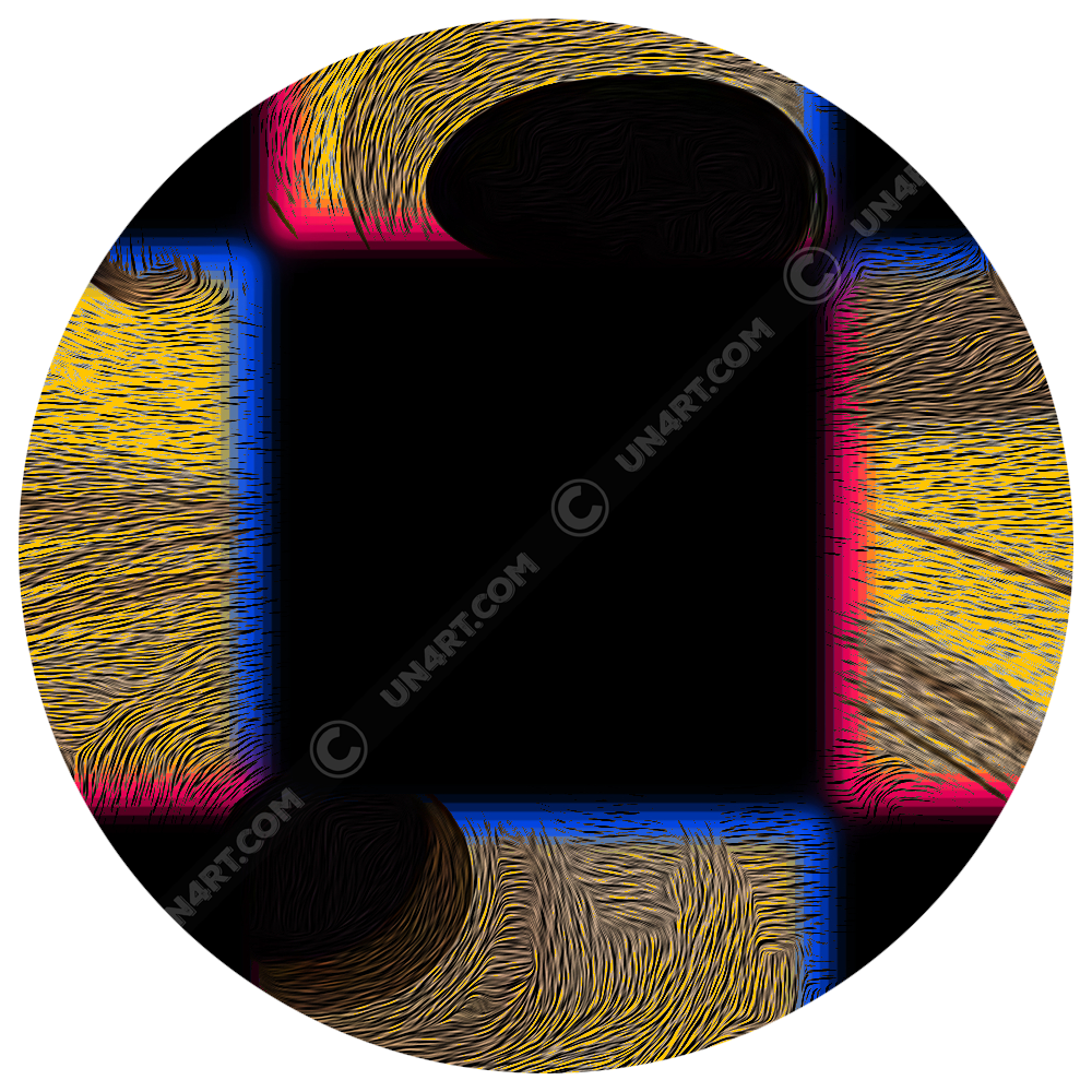 UN4RT cheesy chess original artwork detail – circular close-up of checkerboard tile showing textured golden yellow square with fine concentric wave line pattern in gold and brown tones, chromatic aberration glow in pink and blue at edges, black surrounding squares with organic cheese-hole forms, un4rt.com copyright watermark visible, copyright-protected original design.