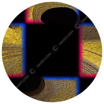UN4RT cheesy chess original artwork detail – circular close-up of checkerboard tile showing textured golden yellow square with fine concentric wave line pattern in gold and brown tones, chromatic aberration glow in pink and blue at edges, black surrounding squares with organic cheese-hole forms, un4rt.com copyright watermark visible, copyright-protected original design.