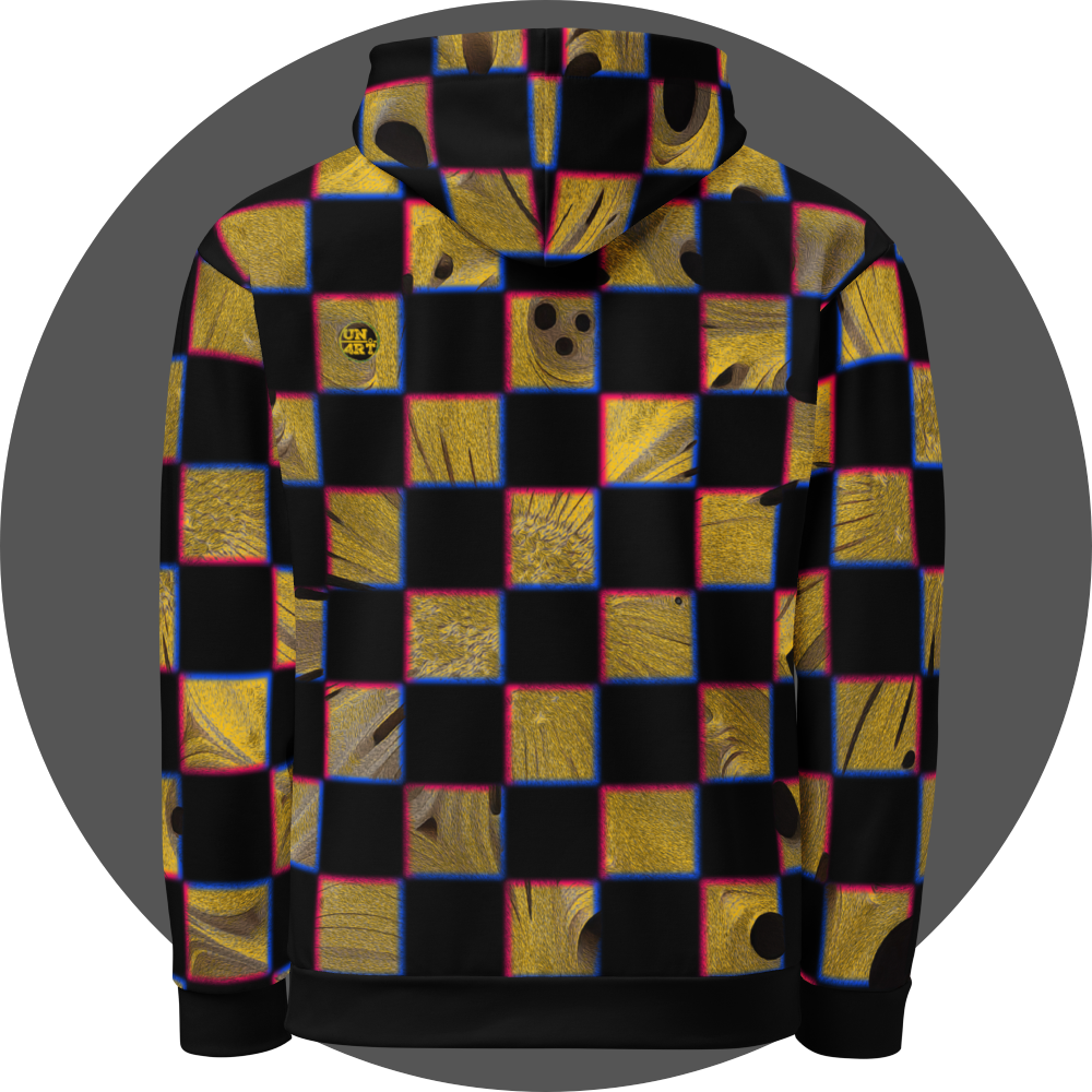 UN4RT cheesy chess all-over-print hoodie back view – black pullover hoodie with checkerboard pattern of alternating black and textured golden yellow squares with organic holes and molten cheese surfaces overflowing square boundaries, chromatic aberration effect in pink and blue at square edges, small UN4RT logo patch at upper back left, ribbed cuffs and hem.