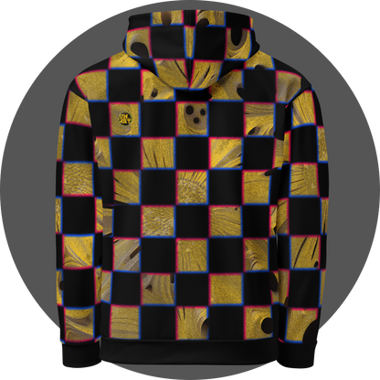 UN4RT cheesy chess all-over-print hoodie back view – black pullover hoodie with checkerboard pattern of alternating black and textured golden yellow squares with organic holes and molten cheese surfaces overflowing square boundaries, chromatic aberration effect in pink and blue at square edges, small UN4RT logo patch at upper back left, ribbed cuffs and hem.