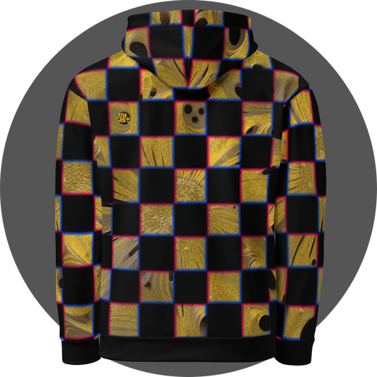 UN4RT cheesy chess all-over-print hoodie back view – black pullover hoodie with checkerboard pattern of alternating black and textured golden yellow squares with organic holes and molten cheese surfaces overflowing square boundaries, chromatic aberration effect in pink and blue at square edges, small UN4RT logo patch at upper back left, ribbed cuffs and hem.