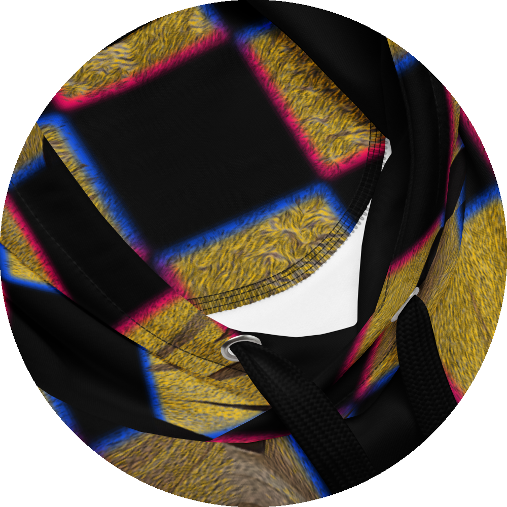 UN4RT cheesy chess hoodie hood detail – circular close-up of drawstring hood showing checkerboard pattern with textured golden yellow squares with fine concentric line texture and chromatic aberration edges in pink and blue on black fabric, white inner lining and silver metal eyelet with black drawstrings visible.
