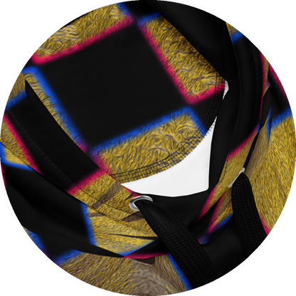 UN4RT cheesy chess hoodie hood detail – circular close-up of drawstring hood showing checkerboard pattern with textured golden yellow squares with fine concentric line texture and chromatic aberration edges in pink and blue on black fabric, white inner lining and silver metal eyelet with black drawstrings visible.