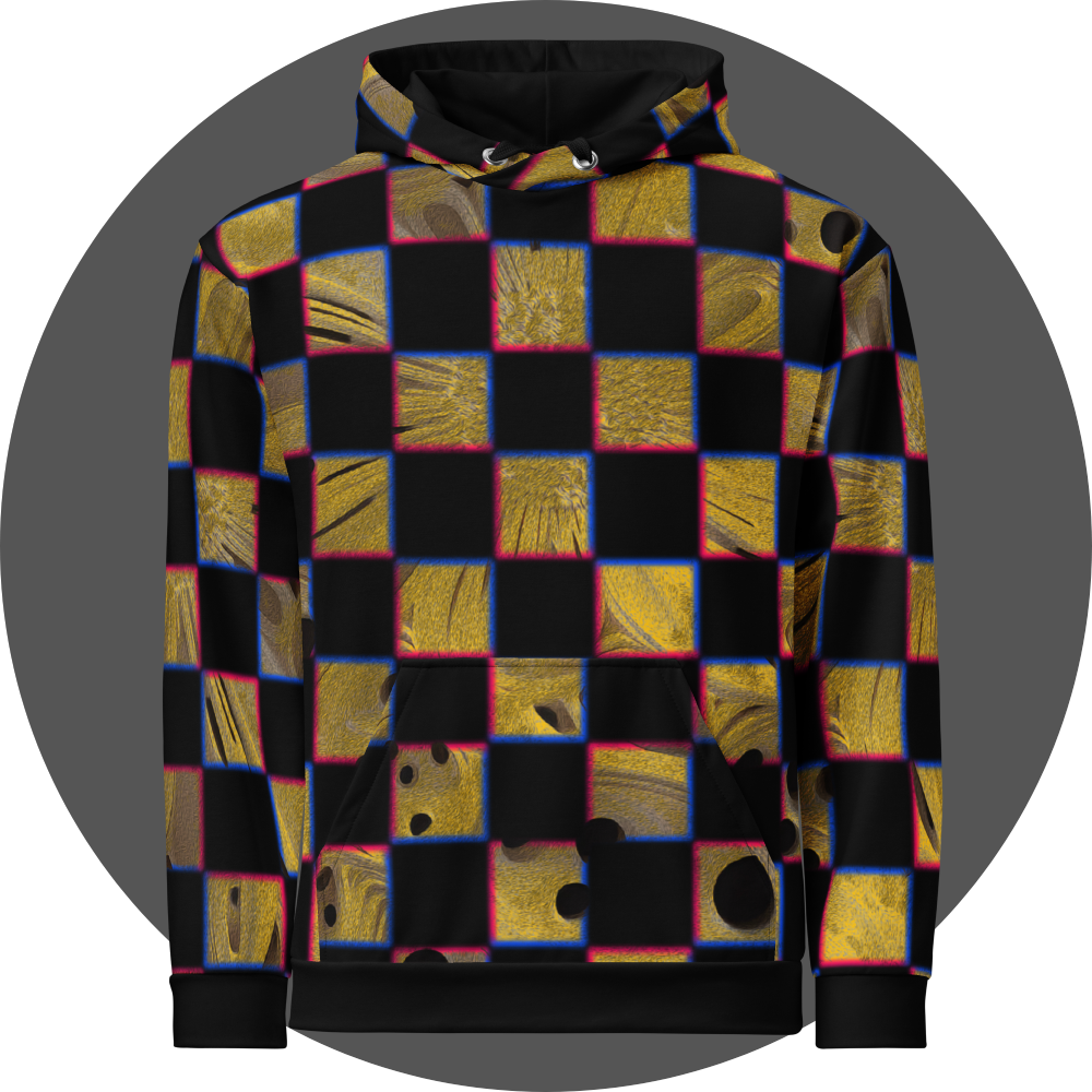 UN4RT cheesy chess all-over-print hoodie front view – black pullover hoodie with checkerboard pattern of alternating black and textured golden yellow squares with organic holes and molten cheese surfaces, chromatic aberration effect in pink and blue at square edges, kangaroo pocket and silver metal eyelets with black drawstrings visible.