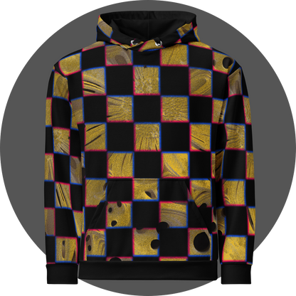 UN4RT cheesy chess all-over-print hoodie front view – black pullover hoodie with checkerboard pattern of alternating black and textured golden yellow squares with organic holes and molten cheese surfaces, chromatic aberration effect in pink and blue at square edges, kangaroo pocket and silver metal eyelets with black drawstrings visible.