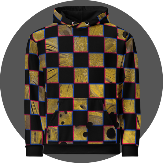 UN4RT cheesy chess all-over-print hoodie front view – black pullover hoodie with checkerboard pattern of alternating black and textured golden yellow squares with organic holes and molten cheese surfaces, chromatic aberration effect in pink and blue at square edges, kangaroo pocket and silver metal eyelets with black drawstrings visible.