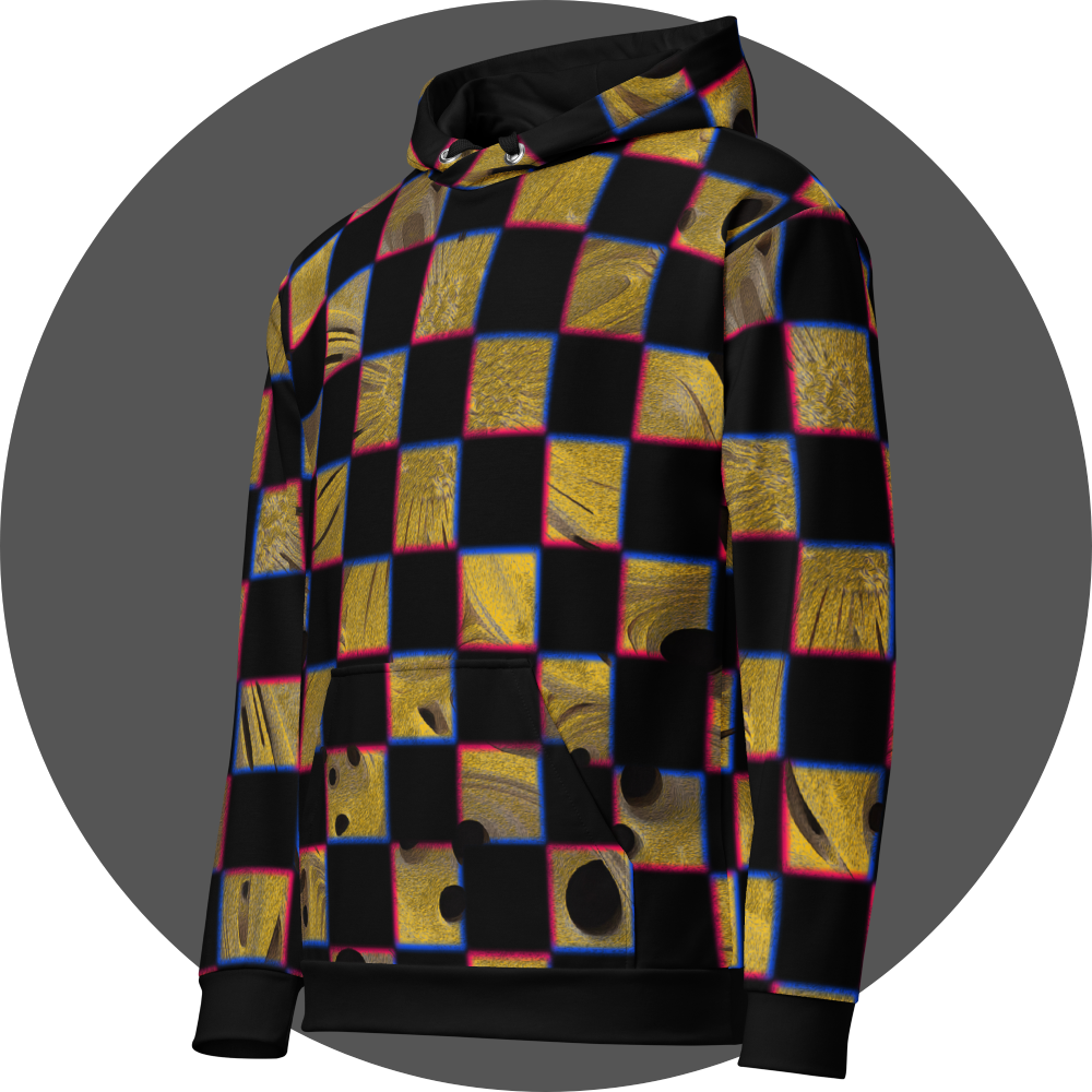 UN4RT cheesy chess all-over-print hoodie left side view – black pullover hoodie with checkerboard pattern of alternating black and textured golden yellow squares with organic holes and molten cheese surfaces, chromatic aberration effect in pink and blue at square edges, ribbed cuffs and hem, straight silhouette.