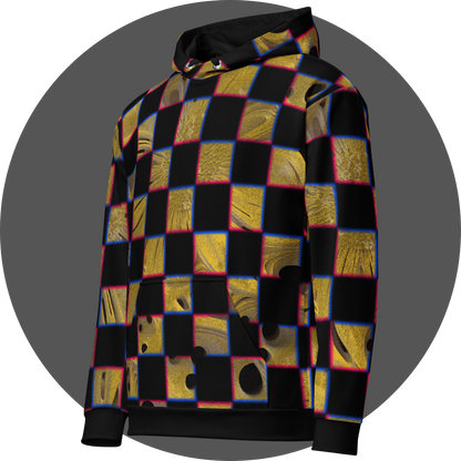 UN4RT cheesy chess all-over-print hoodie left side view – black pullover hoodie with checkerboard pattern of alternating black and textured golden yellow squares with organic holes and molten cheese surfaces, chromatic aberration effect in pink and blue at square edges, ribbed cuffs and hem, straight silhouette.