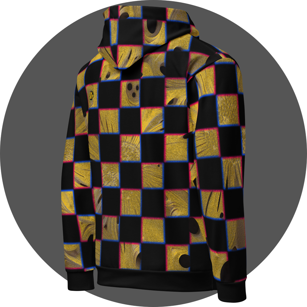 UN4RT cheesy chess all-over-print hoodie right back view – black pullover hoodie with checkerboard pattern of alternating black and textured golden yellow squares with organic holes and molten surface, chromatic aberration effect in pink and blue at square edges, small UN4RT logo patch at upper back, ribbed cuffs and hem.