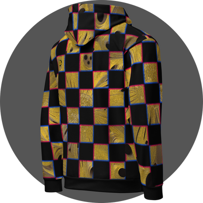 UN4RT cheesy chess all-over-print hoodie right back view – black pullover hoodie with checkerboard pattern of alternating black and textured golden yellow squares with organic holes and molten surface, chromatic aberration effect in pink and blue at square edges, small UN4RT logo patch at upper back, ribbed cuffs and hem.
