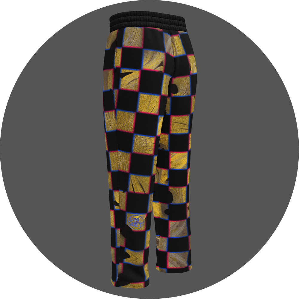 UN4RT cheesy chess all-over-print jogging pants back left view – black sweatpants with checkerboard pattern of alternating black and textured golden yellow squares with organic holes and molten surface, chromatic aberration effect in pink and blue at square edges, small UN4RT logo at lower leg, elasticated waistband, straight leg cut.
