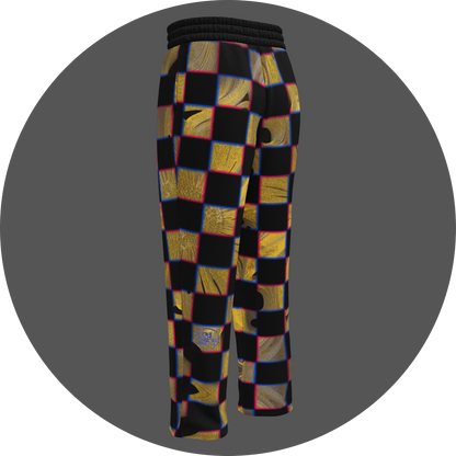 UN4RT cheesy chess all-over-print jogging pants back left view – black sweatpants with checkerboard pattern of alternating black and textured golden yellow squares with organic holes and molten surface, chromatic aberration effect in pink and blue at square edges, small UN4RT logo at lower leg, elasticated waistband, straight leg cut.
