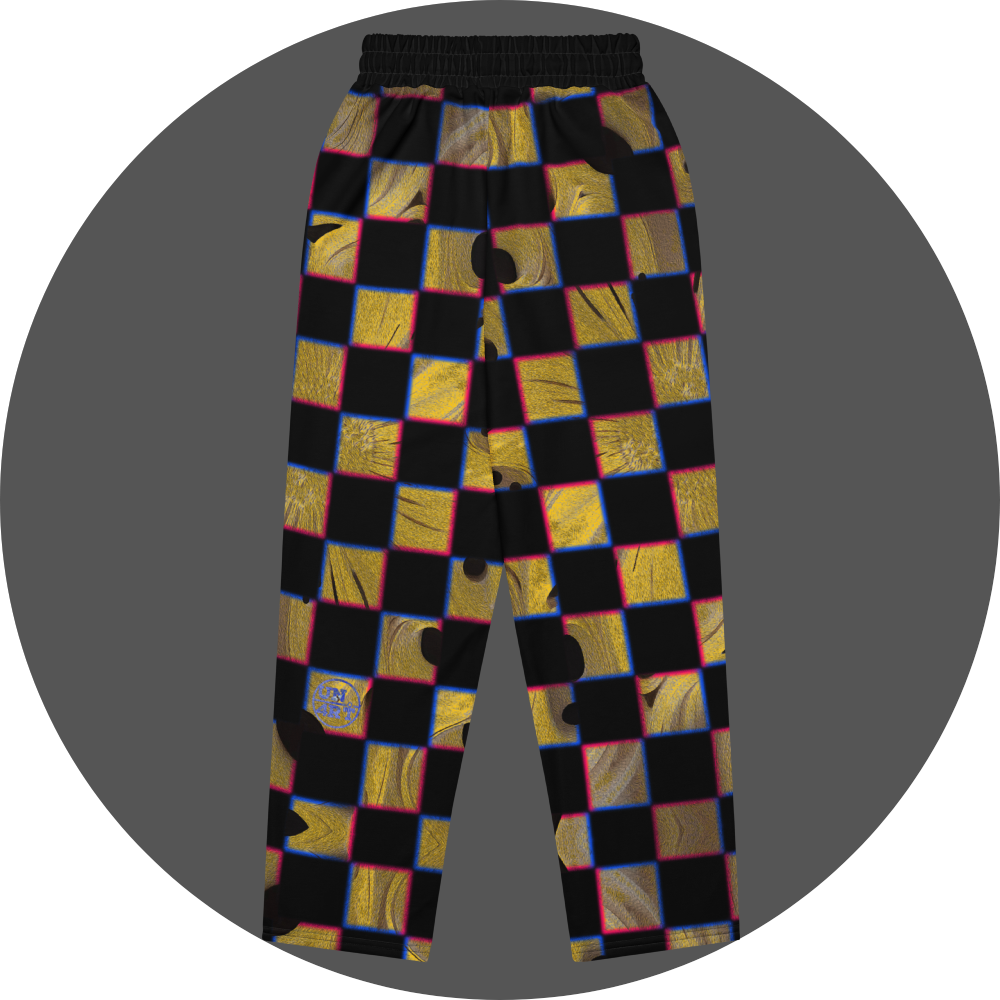 UN4RT cheesy chess all-over-print jogging pants back flat – black sweatpants with checkerboard pattern of alternating black and textured golden yellow squares with organic holes and molten surface, chromatic aberration effect in pink and blue at square edges, small UN4RT logo at lower left leg, elasticated waistband.