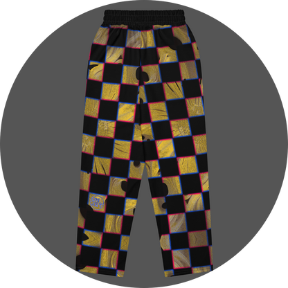 UN4RT cheesy chess all-over-print jogging pants back flat – black sweatpants with checkerboard pattern of alternating black and textured golden yellow squares with organic holes and molten surface, chromatic aberration effect in pink and blue at square edges, small UN4RT logo at lower left leg, elasticated waistband.