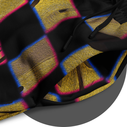 UN4RT cheesy chess all-over-print jogger detail – circular close-up of checkerboard pattern with alternating black squares and textured golden yellow squares with organic holes and brush-stroke surfaces, chromatic aberration effect in pink and blue at square edges, black drawstrings visible.