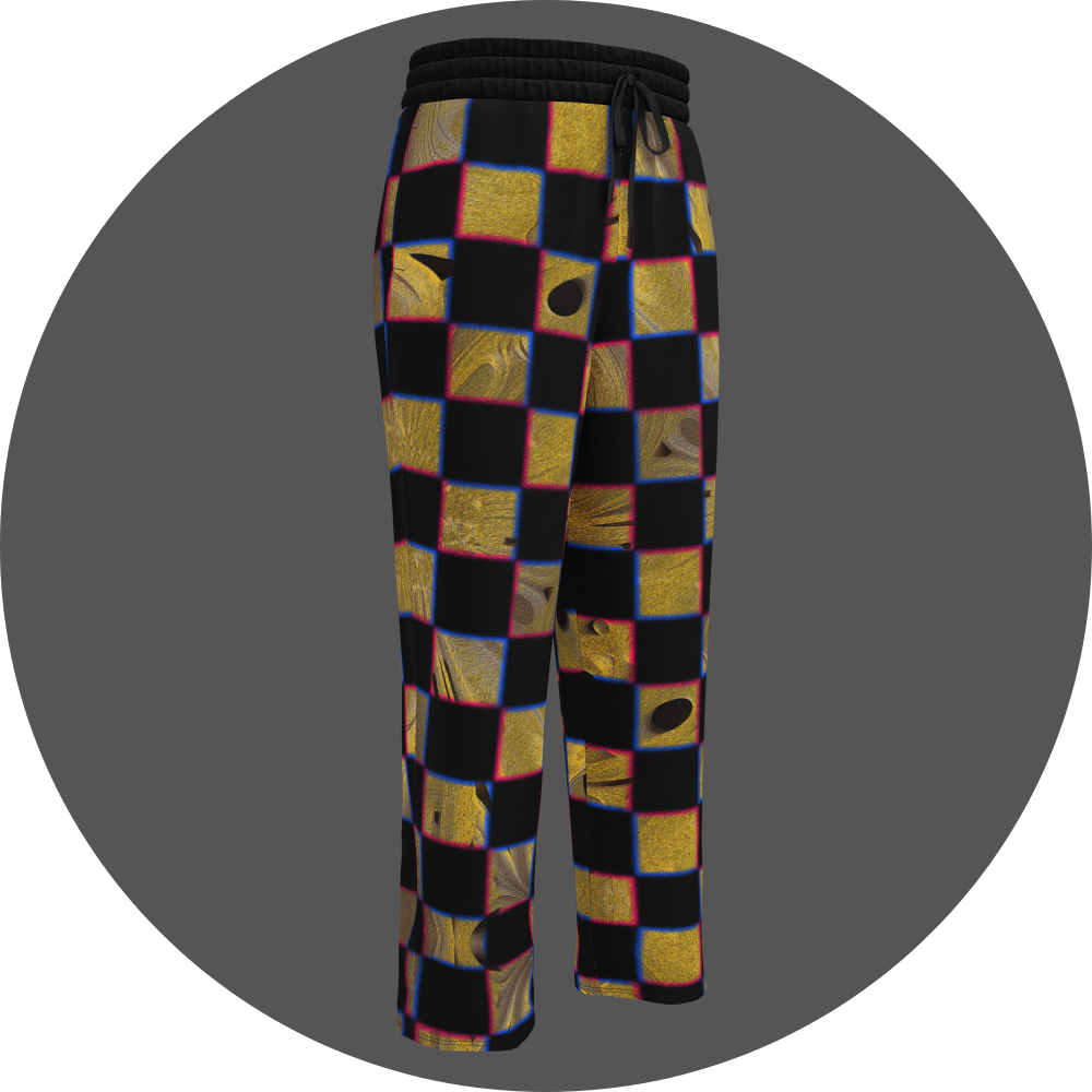 UN4RT cheesy chess all-over-print jogging pants front right view – black sweatpants with checkerboard pattern of alternating black and textured golden yellow squares with organic holes and molten surface, chromatic aberration effect in pink and blue at square edges, elasticated drawstring waistband, straight leg cut.