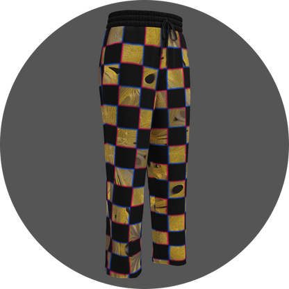 UN4RT cheesy chess all-over-print jogging pants front right view – black sweatpants with checkerboard pattern of alternating black and textured golden yellow squares with organic holes and molten surface, chromatic aberration effect in pink and blue at square edges, elasticated drawstring waistband, straight leg cut.