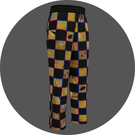 UN4RT cheesy chess all-over-print jogging pants front right view – black sweatpants with checkerboard pattern of alternating black and textured golden yellow squares with organic holes and molten surface, chromatic aberration effect in pink and blue at square edges, elasticated drawstring waistband, straight leg cut.