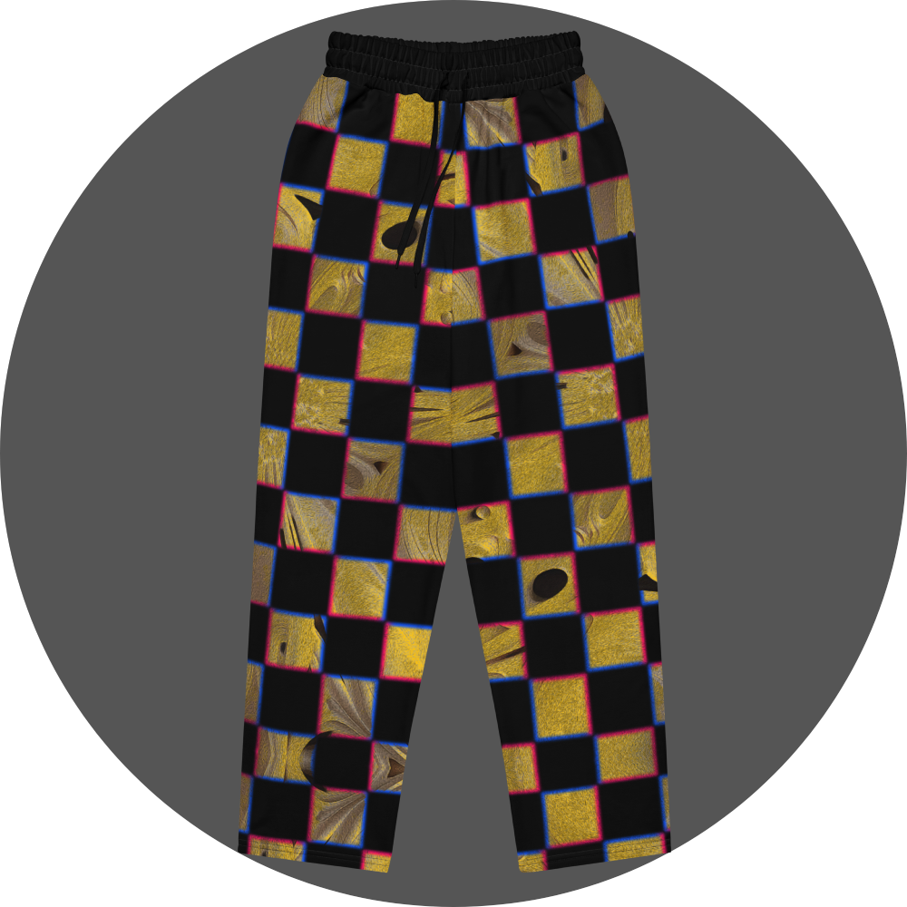 UN4RT cheesy chess all-over-print jogging pants front flat – black sweatpants with checkerboard pattern of alternating black and textured golden yellow squares with organic holes and molten surface, chromatic aberration effect in pink and blue at square edges, elasticated drawstring waistband.