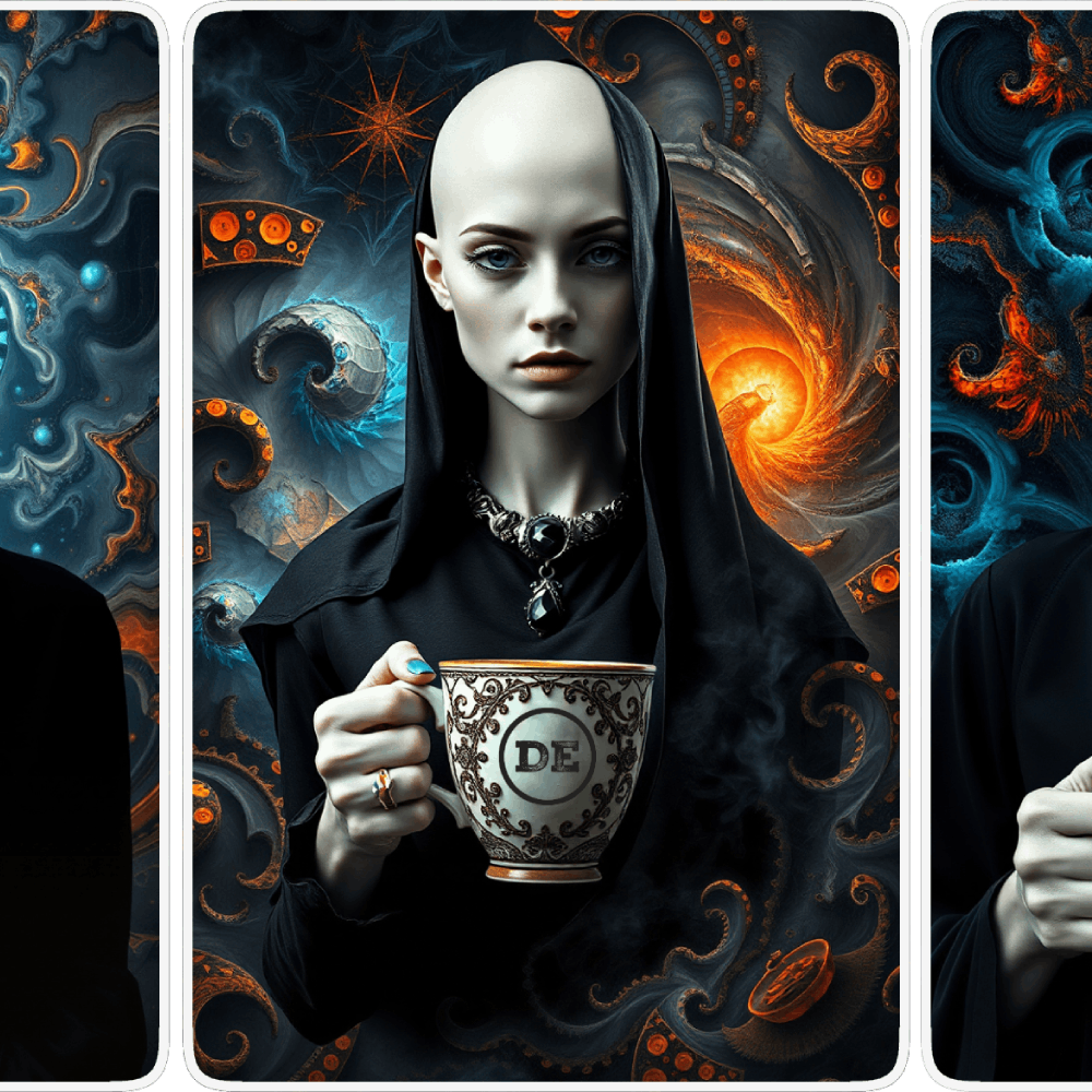 UN4RT pale bald woman in black robe and gothic black pendant necklace holding an ornate porcelain teacup marked "DE", gazing directly at viewer with cold intensity, surrounded by swirling dark fantasy background of teal and orange tentacle-like forms, glowing spiral and star motifs, triptych card layout with white borders, dark fantasy editorial portrait.