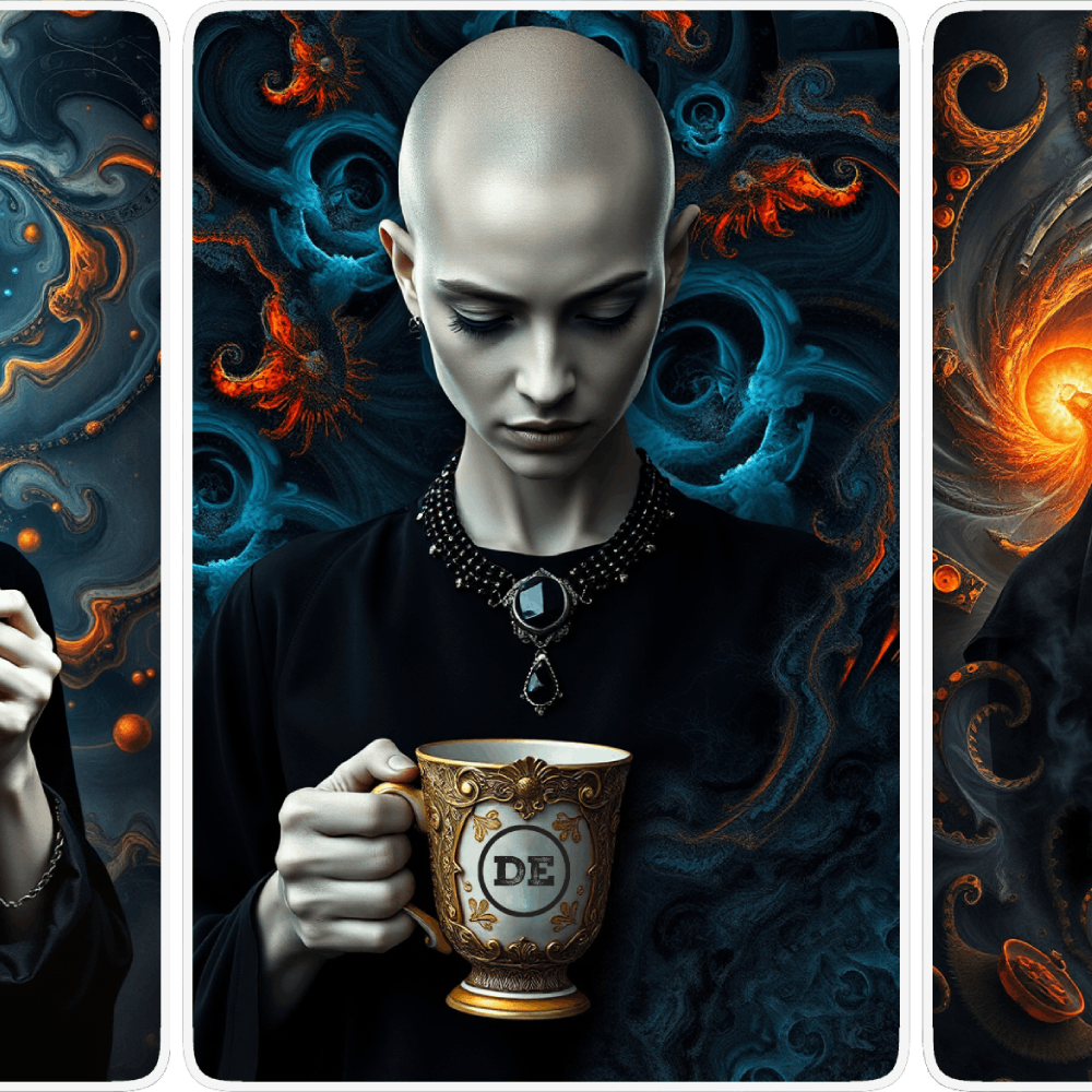 UN4RT pale bald woman in black turtleneck and gothic black gem necklace holding an ornate gold mug marked "DE", eyes closed in contemplative downward gaze, surrounded by swirling dark teal and orange fantasy background with glowing spiral and flame motifs, triptych card layout with white borders, dark fantasy editorial portrait.
