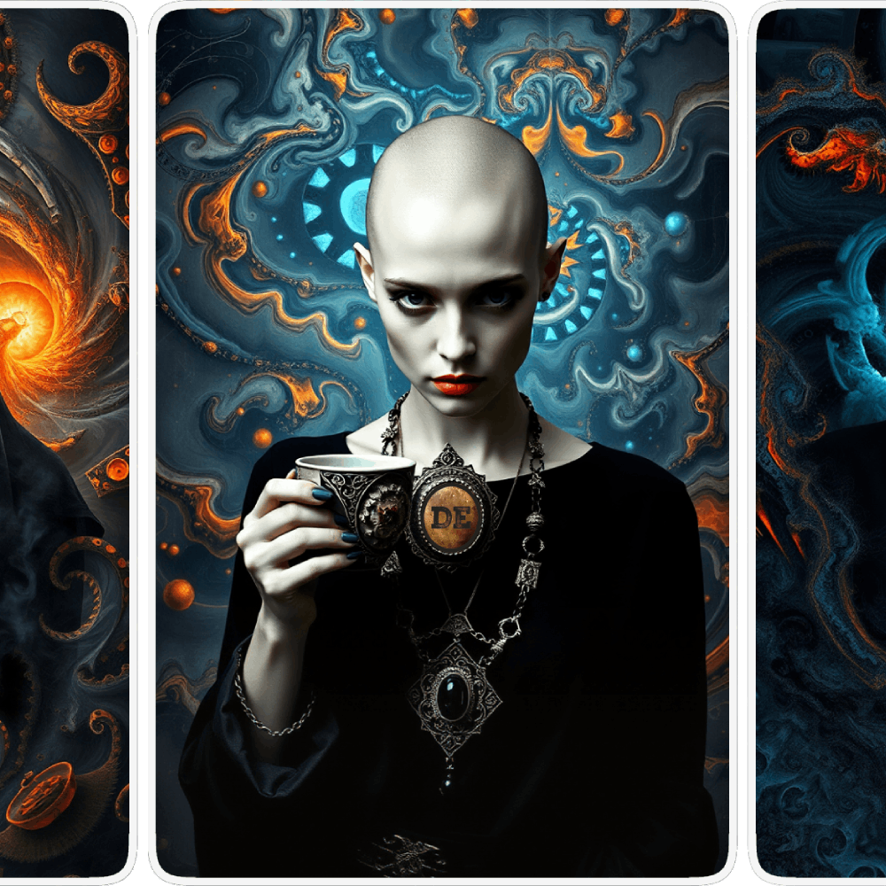 UN4RT pale bald woman in black outfit with large gothic silver chain necklace and dark gemstone pendant holding a decorated cup marked "DE", staring directly at viewer with intense dark eyes and red lips, surrounded by swirling dark fantasy background of teal and amber organic forms with glowing steampunk gear and fire phoenix motifs, triptych card layout with white borders, dark fantasy editorial portrait.