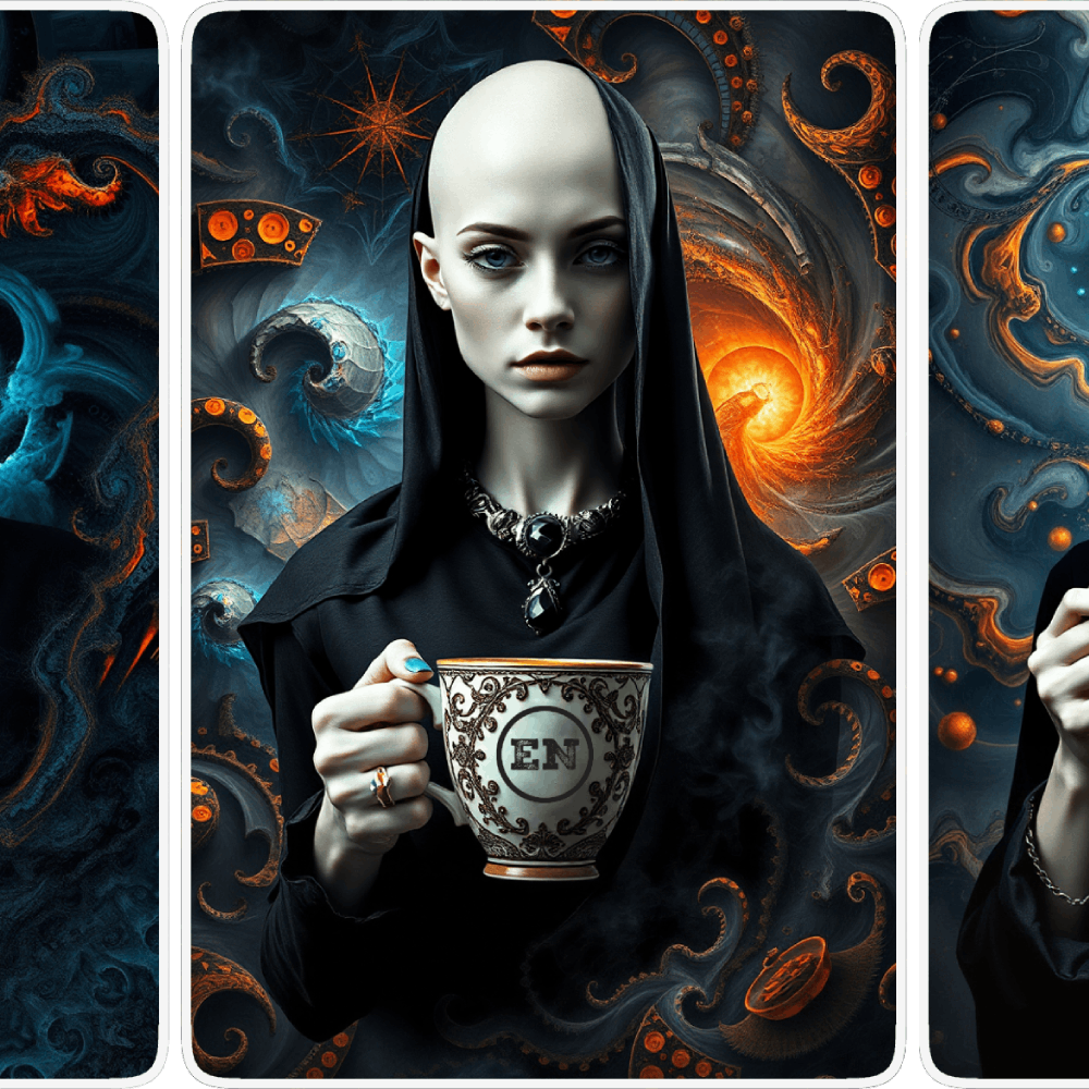 UN4RT pale bald woman in black robe and gothic black pendant necklace holding an ornate porcelain teacup marked "EN", gazing directly at viewer with cold intensity, surrounded by swirling dark fantasy background of teal and orange tentacle-like forms, glowing spiral and star motifs, triptych card layout with white borders, dark fantasy editorial portrait.