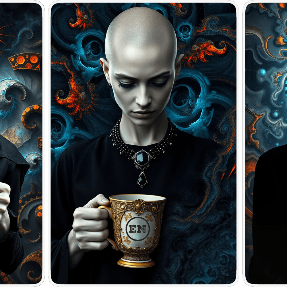 UN4RT pale bald woman in black turtleneck and gothic black gem necklace holding an ornate gold mug marked "EN", eyes closed in contemplative downward gaze, surrounded by swirling dark teal and orange fantasy background with glowing spiral and flame motifs, triptych card layout with white borders, dark fantasy editorial portrait.