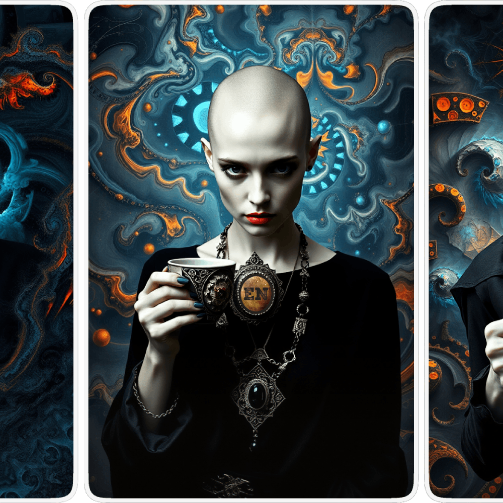 UN4RT pale bald woman in black outfit with large gothic silver chain necklace and dark gemstone pendant holding a decorated cup marked "EN", staring directly at viewer with intense dark eyes and red lips, surrounded by swirling dark fantasy background of teal and amber organic forms with glowing steampunk gear and fire phoenix motifs, triptych card layout with white borders, dark fantasy editorial portrait.