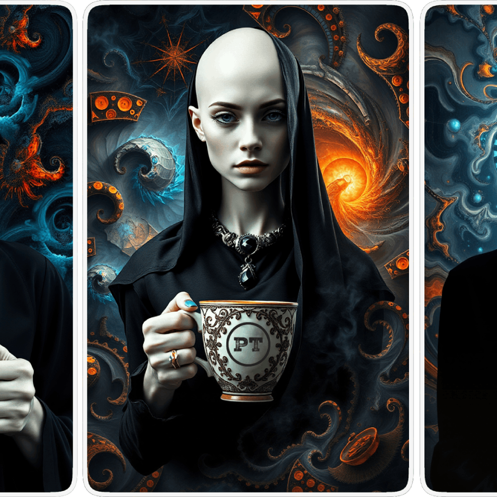 UN4RT pale bald woman in black robe and gothic black pendant necklace holding an ornate porcelain teacup marked "PT", gazing directly at viewer with cold intensity, surrounded by swirling dark fantasy background of teal and orange tentacle-like forms, glowing spiral and star motifs, triptych card layout with white borders, dark fantasy editorial portrait.
