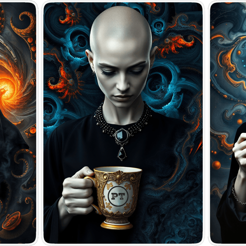 UN4RT pale bald woman in black turtleneck and gothic black gem necklace holding an ornate gold mug marked "PT", eyes closed in contemplative downward gaze, surrounded by swirling dark teal and orange fantasy background with glowing spiral and flame motifs, triptych card layout with white borders, dark fantasy editorial portrait.
