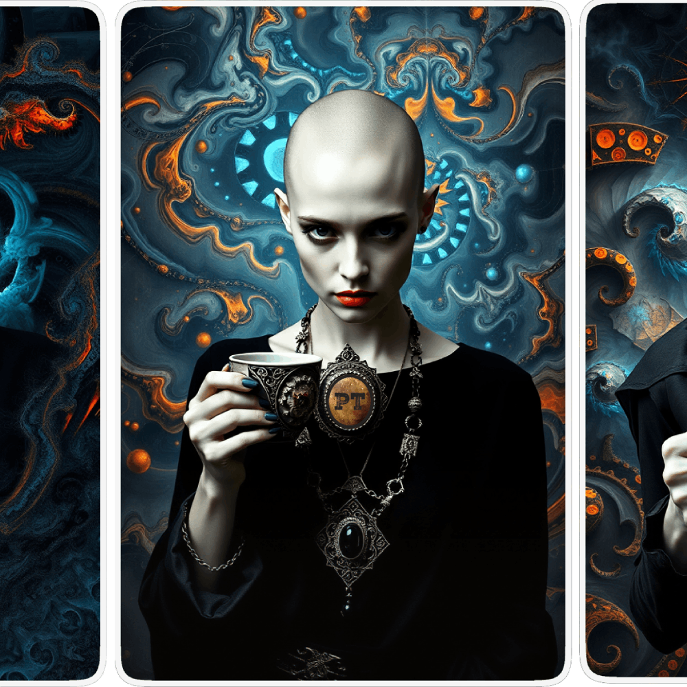 UN4RT pale bald woman in black outfit with large gothic silver chain necklace and dark gemstone pendant holding a decorated cup marked "PT", staring directly at viewer with intense dark eyes and red lips, surrounded by swirling dark fantasy background of teal and amber organic forms with glowing steampunk gear and fire phoenix motifs, triptych card layout with white borders, dark fantasy editorial portrait.