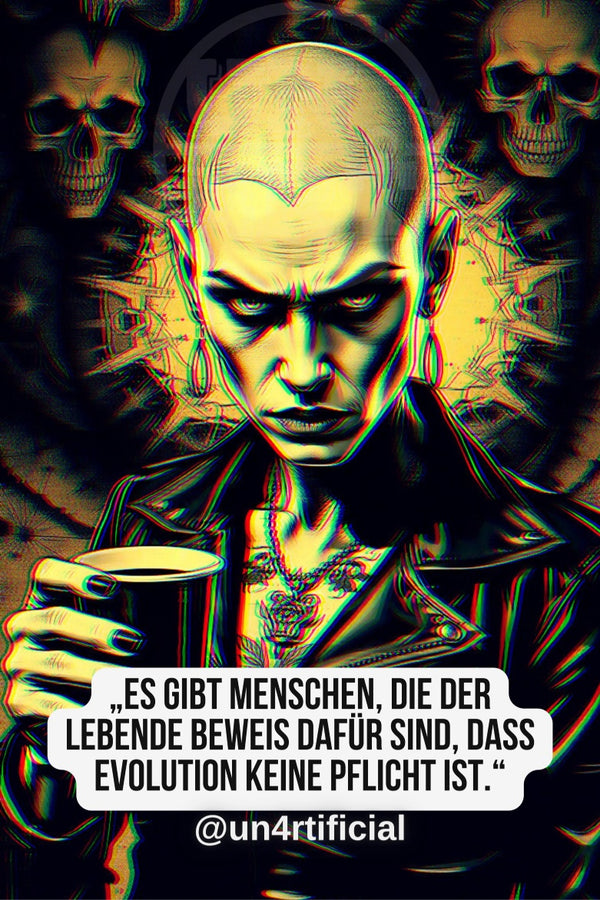 UN4RT pale bald woman with engraved head tattoo holding a dark mug, intense downward glare, golden glowing halo behind head, multiple skull figures in dark background, chromatic aberration effect, bold quote text in white rounded box at bottom, social media handle below, dark fantasy editorial portrait, vertical format.