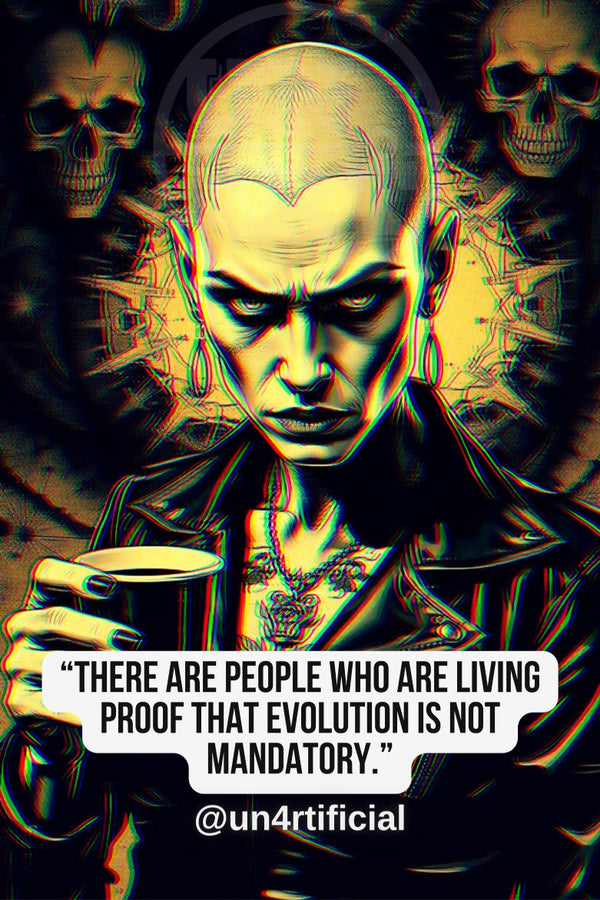 UN4RT pale bald woman with engraved head tattoo holding a dark mug, intense downward glare, golden glowing halo behind head, multiple skull figures in dark background, chromatic aberration effect, bold quote text in white rounded box at bottom, social media handle below, dark fantasy editorial portrait, vertical format.