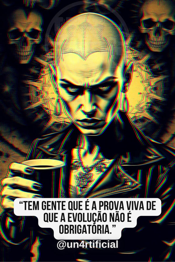 UN4RT pale bald woman with engraved head tattoo holding a dark mug, intense downward glare, golden glowing halo behind head, multiple skull figures in dark background, chromatic aberration effect, bold quote text in white rounded box at bottom, social media handle below, dark fantasy editorial portrait, vertical format.