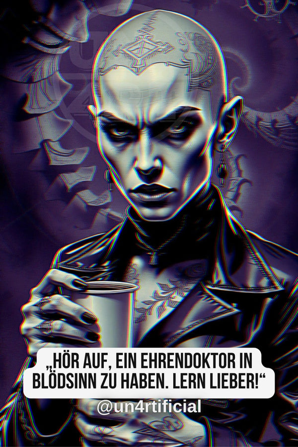UN4RT pale bald woman with geometric head tattoo and dark drop earrings holding a metallic cup, cold intense gaze toward viewer, dark purple background with shadowy winged figures, chromatic aberration effect, bold quote text in white rounded box at bottom, social media handle below, dark fantasy editorial portrait, vertical format.