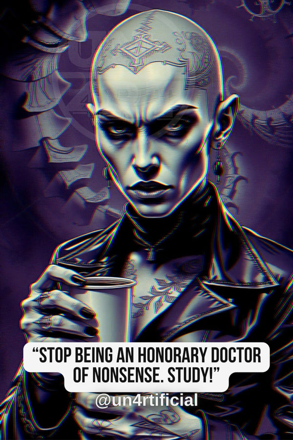 UN4RT pale bald woman with geometric head tattoo and dark drop earrings holding a metallic cup, cold intense gaze toward viewer, dark purple background with shadowy winged figures, chromatic aberration effect, bold quote text in white rounded box at bottom, social media handle below, dark fantasy editorial portrait, vertical format.