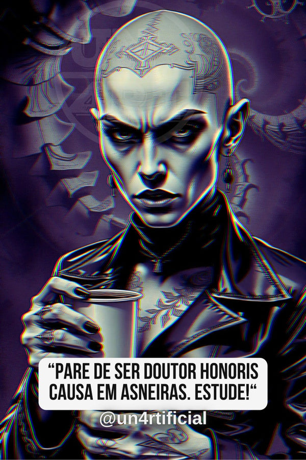 UN4RT pale bald woman with geometric head tattoo and dark drop earrings holding a metallic cup, cold intense gaze toward viewer, dark purple background with shadowy winged figures, chromatic aberration effect, bold quote text in white rounded box at bottom, social media handle below, dark fantasy editorial portrait, vertical format.