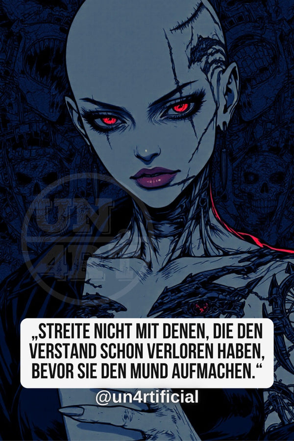UN4RT grey-toned illustrated bald woman with cracked skin texture and glowing red eyes, dark thorn-like garment, UN4RT watermark logo visible in background, dark blue background with skull and texture motifs, bold quote text in white rounded box at bottom, social media handle below, dark comic-style editorial portrait, vertical format.