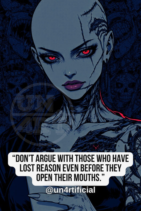 UN4RT grey-toned illustrated bald woman with cracked skin texture and glowing red eyes, dark thorn-like garment, UN4RT watermark logo visible in background, dark blue background with skull and texture motifs, bold quote text in white rounded box at bottom, social media handle below, dark comic-style editorial portrait, vertical format.