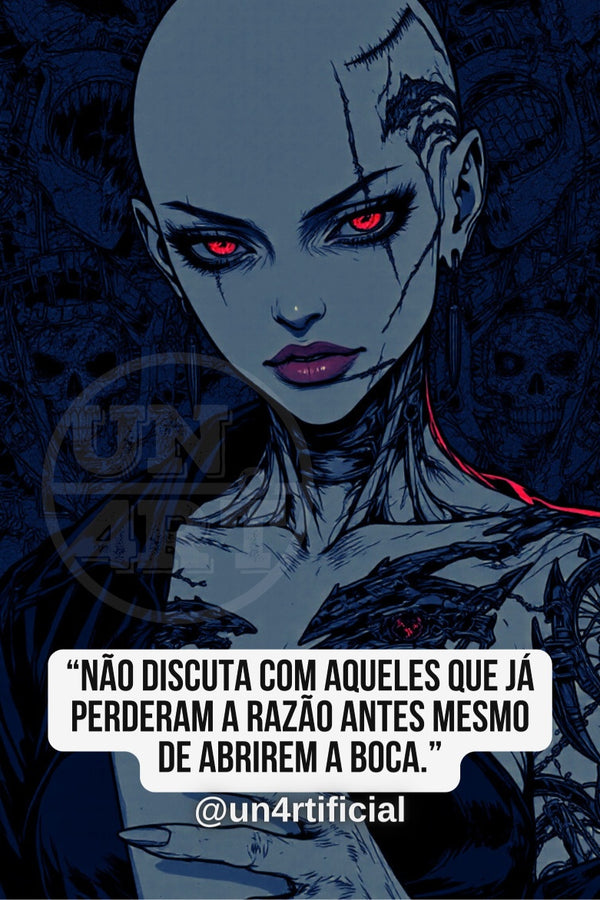 UN4RT grey-toned illustrated bald woman with cracked skin texture and glowing red eyes, dark thorn-like garment, UN4RT watermark logo visible in background, dark blue background with skull and texture motifs, bold quote text in white rounded box at bottom, social media handle below, dark comic-style editorial portrait, vertical format.