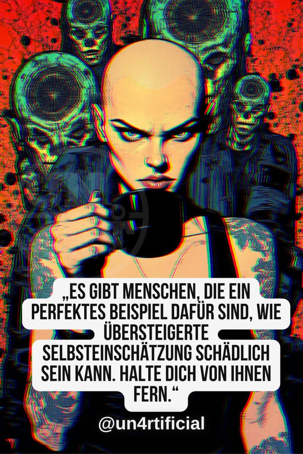 UN4RT bald tattooed woman in black tank top holding a dark mug close to face with intense frowning expression, multiple alien skull figures with concentric circle eyes on vivid red background, chromatic aberration effect, bold multi-line quote text in white rounded box at bottom, social media handle below, dark pop-art editorial portrait, vertical format.