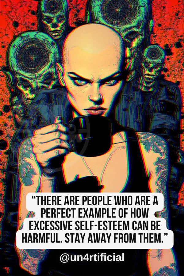 UN4RT bald tattooed woman in black tank top holding a dark mug close to face with intense frowning expression, multiple alien skull figures with concentric circle eyes on vivid red background, chromatic aberration effect, bold multi-line quote text in white rounded box at bottom, social media handle below, dark pop-art editorial portrait, vertical format.