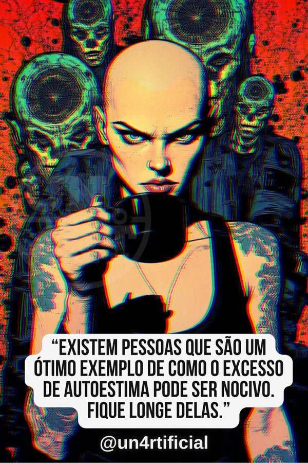 UN4RT bald tattooed woman in black tank top holding a dark mug close to face with intense frowning expression, multiple alien skull figures with concentric circle eyes on vivid red background, chromatic aberration effect, bold multi-line quote text in white rounded box at bottom, social media handle below, dark pop-art editorial portrait, vertical format.